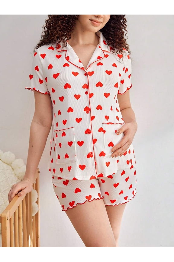 Multicolor Heart Print Maternity Pajama Set With Collared Top And Shorts