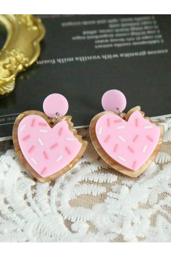 Multicolor Heart-Shaped Cookie Stud Earrings With Pink Frosting And Sprinkles Design