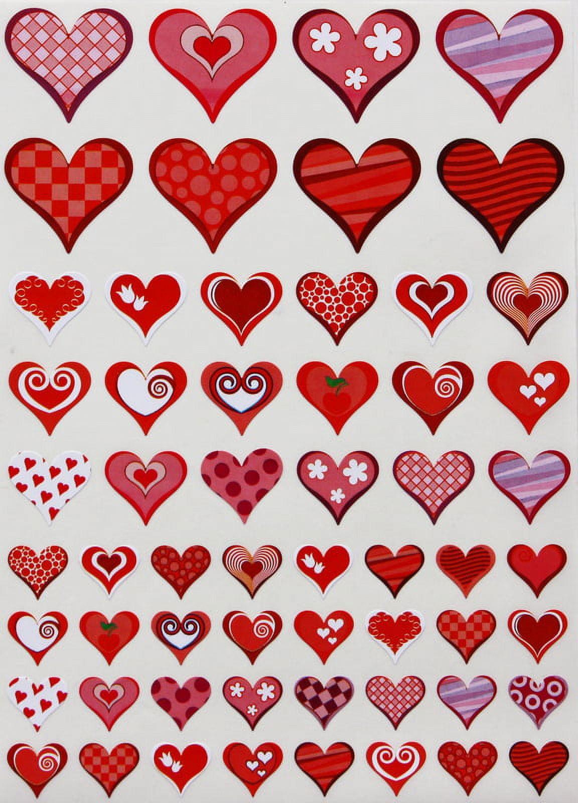 Multicolor Heart Valentines Stickers - Funky fun designs hearts sticker  with flowers, stripes and dots, 3 sizes, Royal Green - 580 pack 