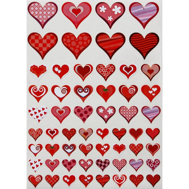 Multicolor Heart Valentines Stickers - Funky fun designs hearts sticker  with flowers, stripes and dots, 3 sizes, Royal Green - 580 pack 