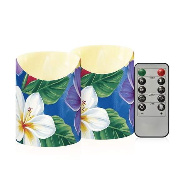 Multicolor Hibiscus Tropical Flowers Leaves Flickering Flameless Candles with Remote Timer Battery Operated LED Tealight Set of 2 S