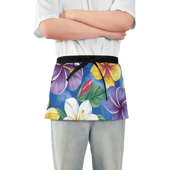 Multicolor Hibiscus Tropical Flowers Leaves Short Server Apron with 3 Pockets for Unisex Chef Gardening