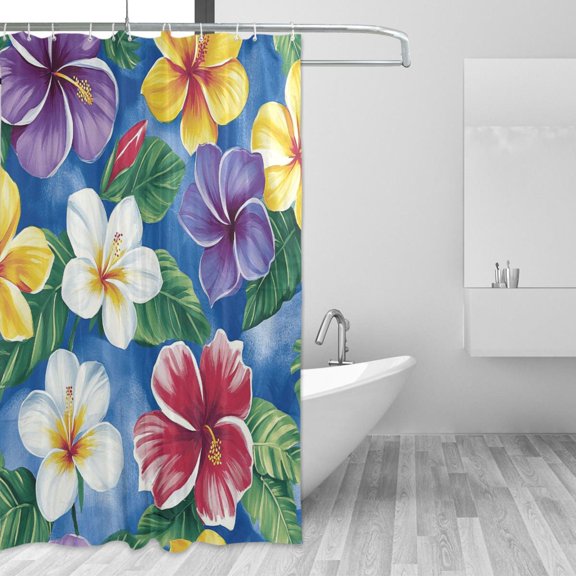 Multicolor Hibiscus Tropical Flowers Leaves Shower Curtains with 12 Hooks Waterproof Bathroom Decor 66" x 72"