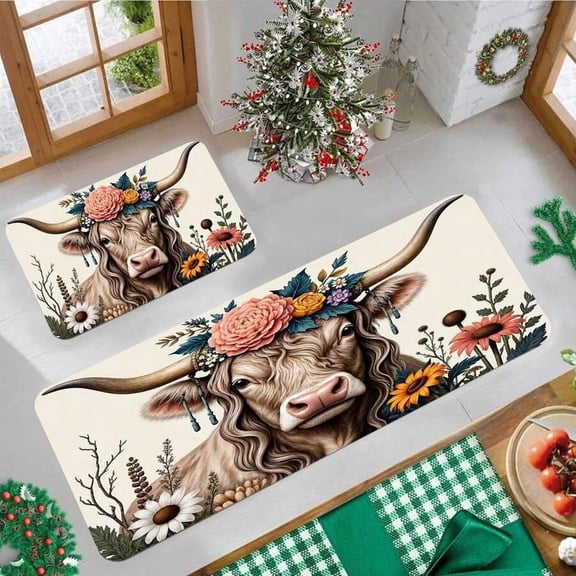 Multicolor Highland Cow Floral Print Kitchen Rug Set - Soft Flannel Mat for Entry, Porch, Bedroom