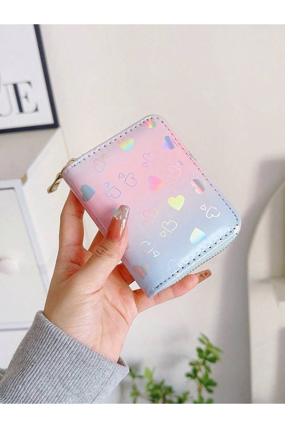 Multicolor Holographic Heart Pattern Short Zipper Wallet For Women