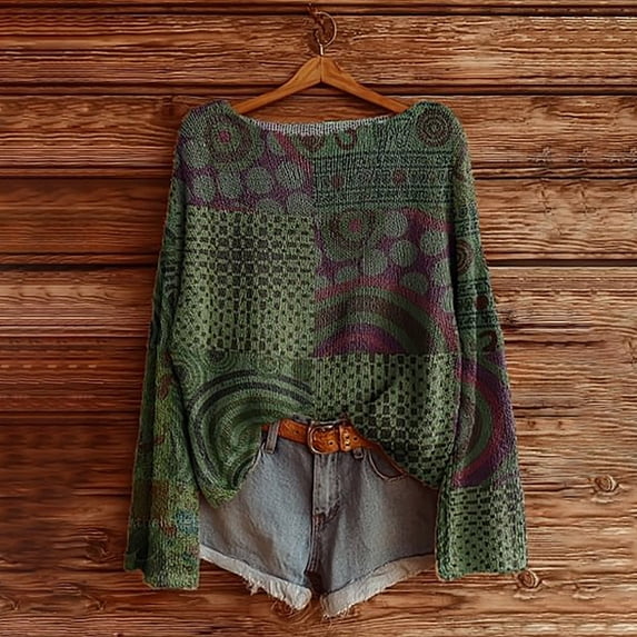 Multicolor Hoodies for Women's Art Print Casual Pullover Sweater Knitted Pullover Sweater for Women Fashion Long Sleeve Crewneck Blouse Winter Warm Layer Top Fall Tops for Women 2025