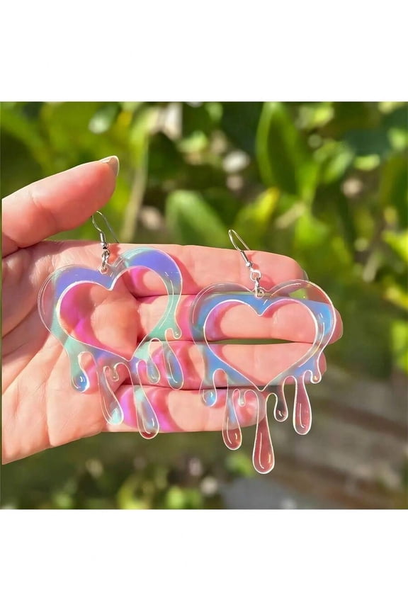 Multicolor Iridescent Acrylic Dripping Heart Dangle Earrings, Fashion Statement Jewelry For Adults