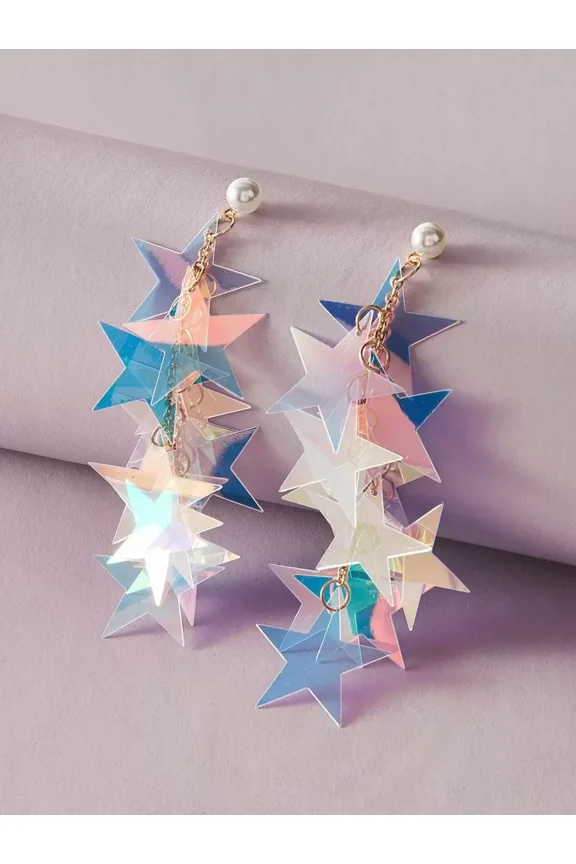 Multicolor Iridescent Star Drop Earrings With Faux Pearl Stud