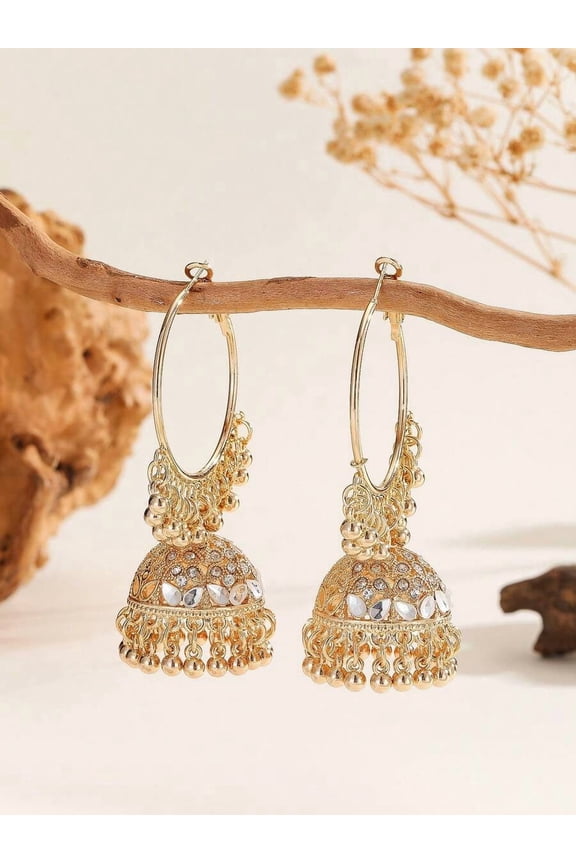 Multicolor Jhumka Hoop Earrings With Rhinestones And Beaded Tassels, Goldtone Finish