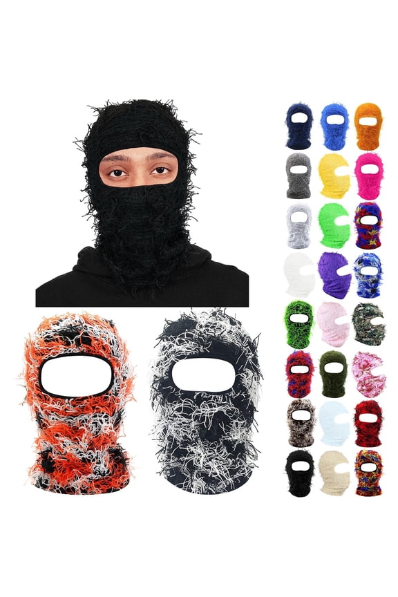 Multicolor Knit Insulated Face Mask Halloween Single Hole Warm Hat Polyester Winter Furry Distressed Balaclava Knitted Windproof Full Face Ski Mask for Women Men A