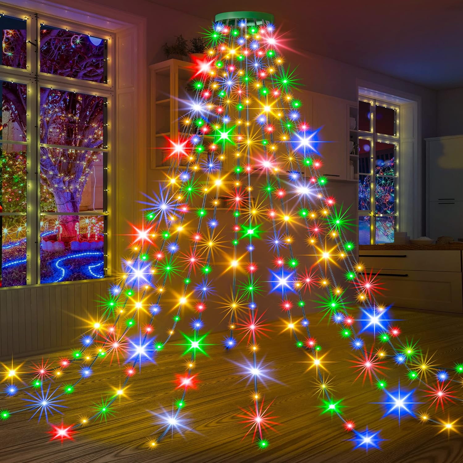 Multicolor LED Christmas Tree Lights with Ring, 9.84FT x12 Lines 300LED, 8 Modes Waterproof Xmas
