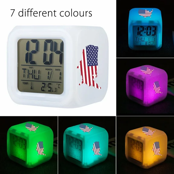 Multicolor LED Digital Alarm Clock - 7 Color Changing Night Light, Indoor Thermometer, Calendar, and Battery Operated Snooze Clock