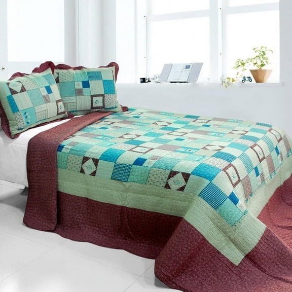 [Multicolor Lattice] Cotton 3PC Vermicelli-Quilted Printed Quilt Set (Full/Queen