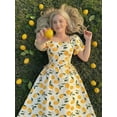 thumbnail image 1 of Multicolor Lemon Print Midi Dress With Puff Sleeves Square Neck Side Tie Waist Flowy Skirt, 1 of 8
