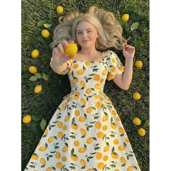 Multicolor Lemon Print Midi Dress With Puff Sleeves Square Neck Side Tie Waist Flowy Skirt