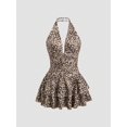 thumbnail image 1 of Multicolor Leopard Print Halter Deep V Neck Ruched Peplum Mini Dress For Women, 1 of 6