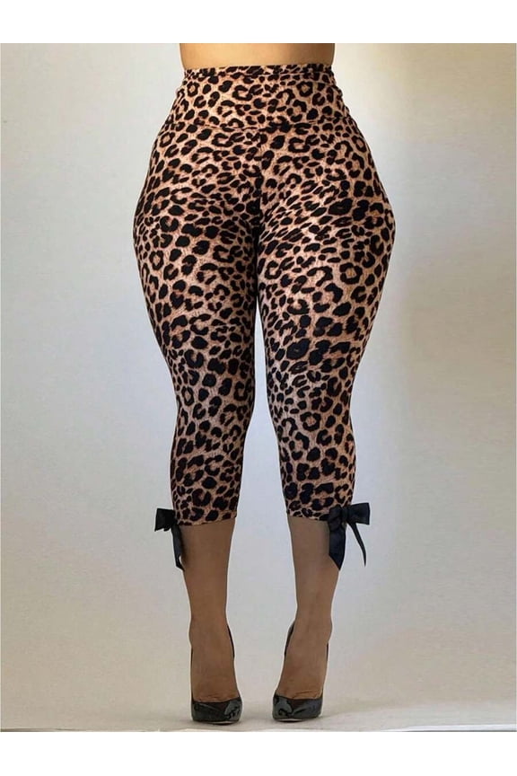 Multicolor Leopard Print High Waist Capri Leggings With Bow Detail Stretch