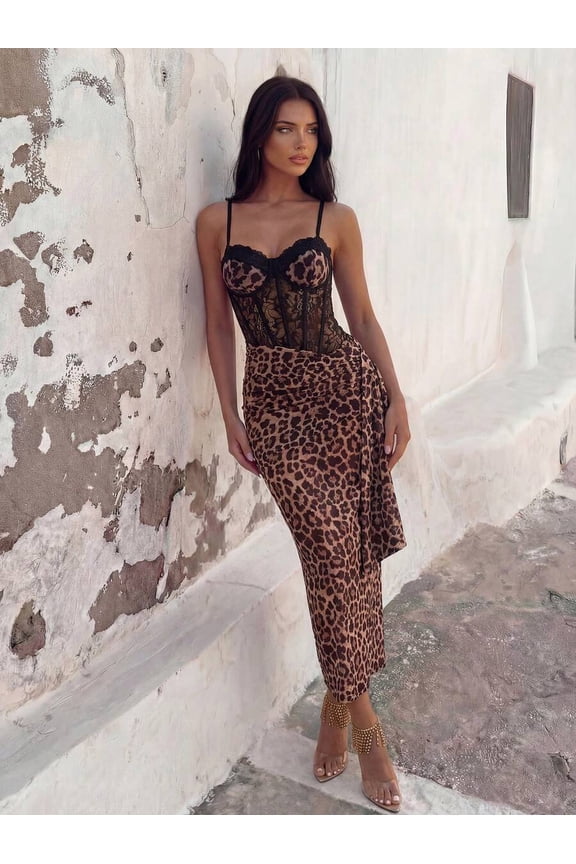 Multicolor Leopard Print Lace Bodice Asymmetric Wrap Maxi Dress With Spaghetti Straps