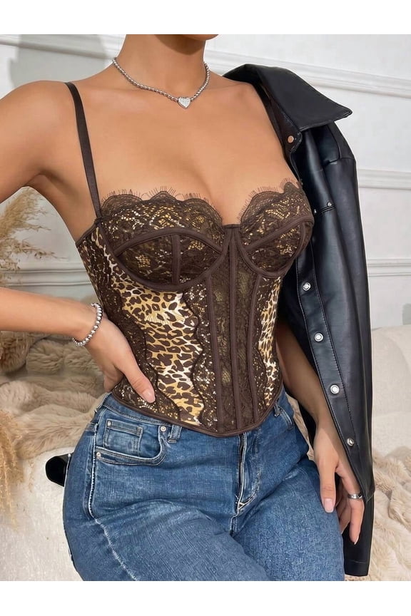 Multicolor Leopard Print Lace Bustier Top With Spaghetti Straps