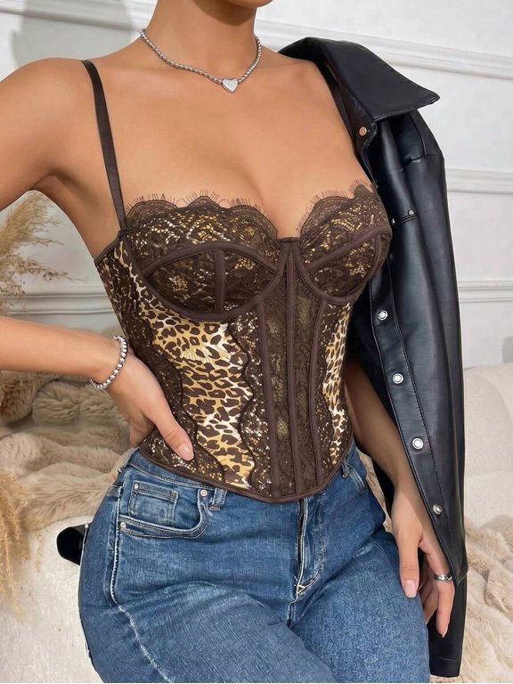 Multicolor Leopard Print Lace Bustier Top With Spaghetti Straps