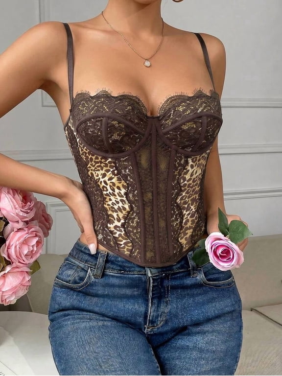 Multicolor Leopard Print Lace Corset Top With Spaghetti Straps