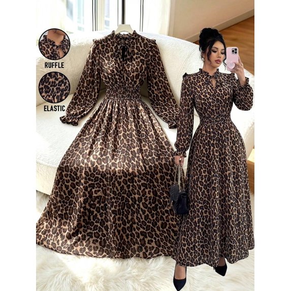 Multicolor Leopard Print Maxi Dress With Ruffle Neck And Elastic Waist