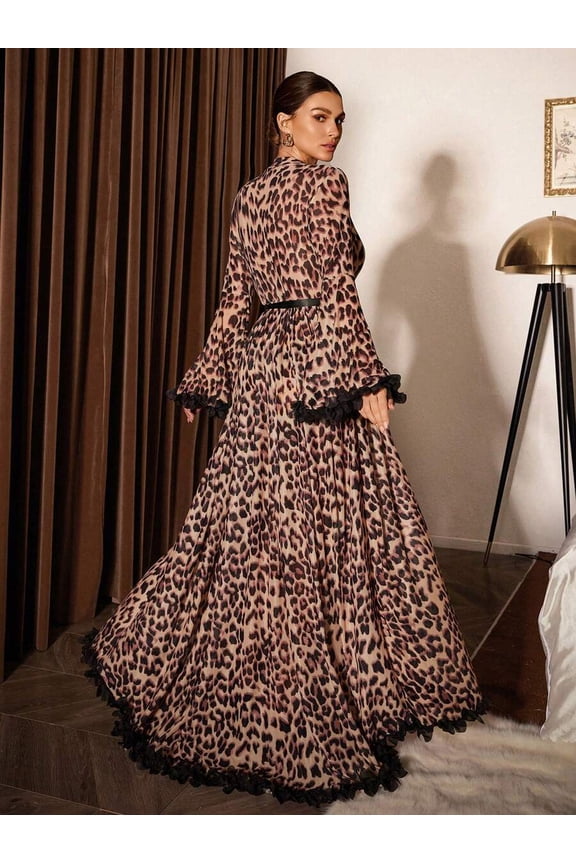 Multicolor Leopard Print Mesh Flare Sleeve Ruffle Hem Tie Waist Robe Vacation Style