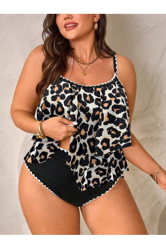 Multicolor Leopard Print Plus Size Two-Piece Ruffle Crop Top & High Waist Shorts Swimsuit Set