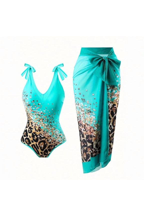 Multicolor Leopard Print Swimsuit Set With Tie-Shoulder Bodysuit And Sarong Cover-Up