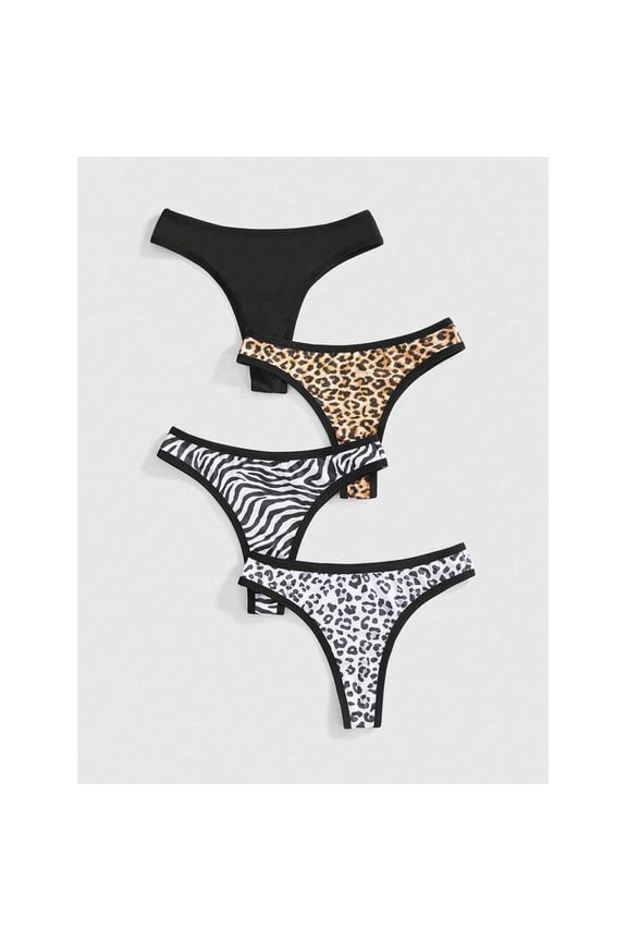 Multicolor Leopard & Zebra Print Thong Panties 4-Pack Womens Underwear