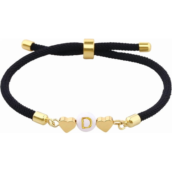 Multicolor Letter Initial Bracelet for Women Love Heart Cute Jewelry Gift Ideas for Girlfriend Daughter Mom Grandma On Birthday Christmas (D, Black)