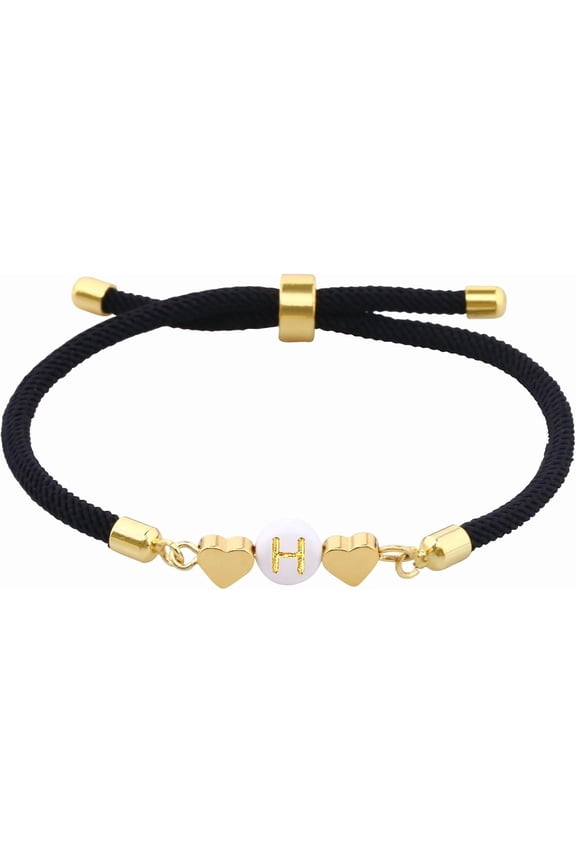 Multicolor Letter Initial Bracelet for Women Love Heart Cute Jewelry Gift Ideas for Girlfriend Daughter Mom Grandma On Birthday Christmas (H, Black)