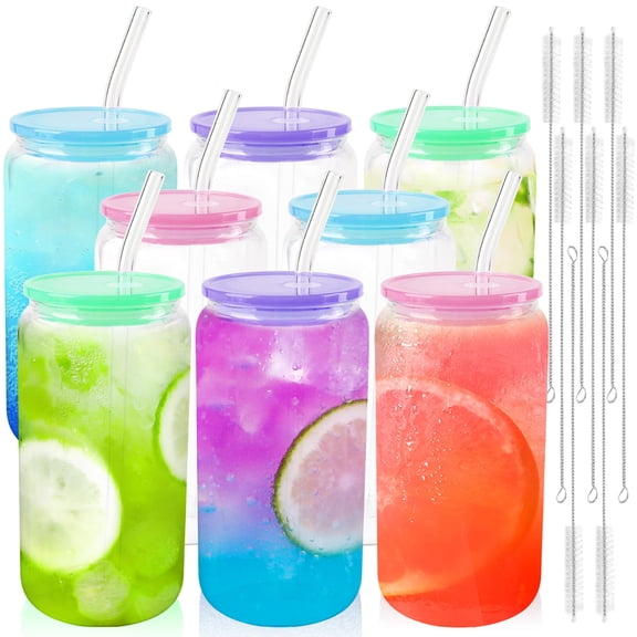 Multicolor Light 8 Pack Can-Shaped Glass Tumbler Set for Cold and Hot Drinks