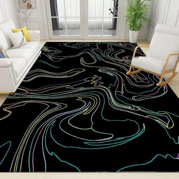 Multicolor Lines Area Rug, Irregular Lines Spread Art Dining Room Non-Slip Rugs Soft Non-Slip Non-Shedding Washable Home Decor Carpet For Dining Home Decor Office Playroom 5 x 6ft