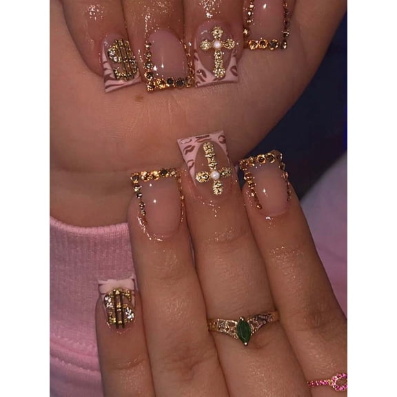 Multicolor Long Coffin Press-On Nails With Goldtone Cross, Dollar Sign &
