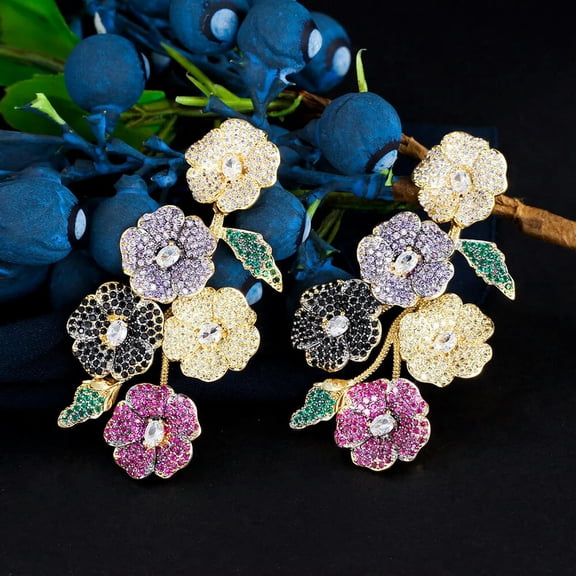 Multicolor Long Drop Cluster Flower Chunky CZ Yellow Gold Plated Banquet Earring