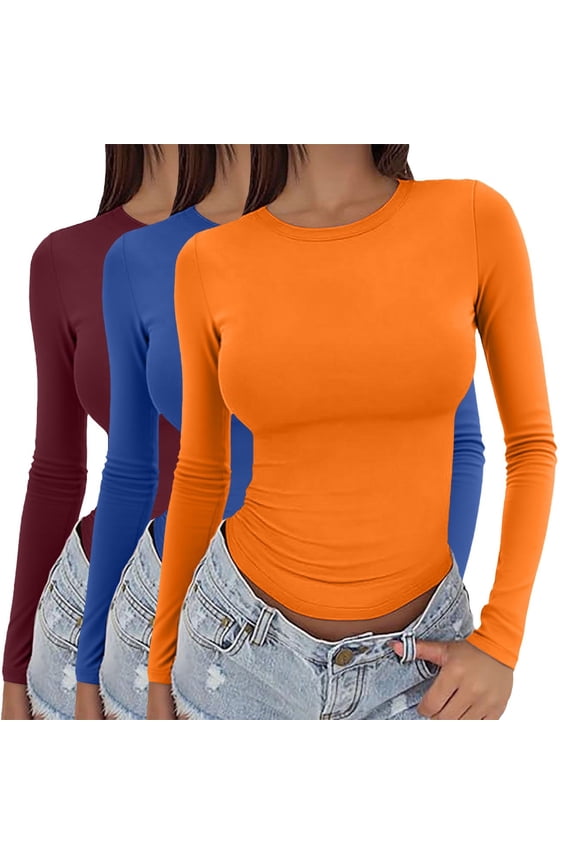 Multicolor Long Sleeve Shirts for Women 3 Pieces Women Y2k Basic Long Sleeve Top Slim Baby Tee Round Neck Dupe Crop Layering Slim Top Blouse Aesthetic Streetwear Fashion Clothing