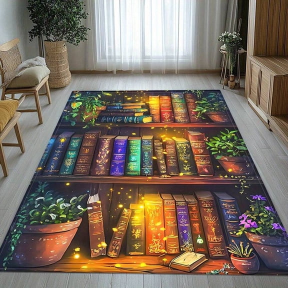 Multicolor Magical Bookshelf Pattern Flannel Area Rug With Non-Slip Rubber Backing
