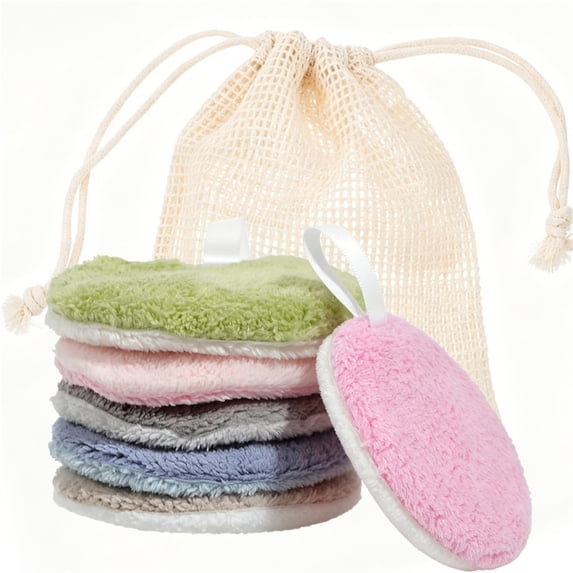 Multicolor Makeup Remover Pads 6 Pcs, Beige Cotton Mesh Bag 1Pcs, Reusable Soft Coral Fleece Facial Cleansing Rounds, Washable for Home Travel Salon
