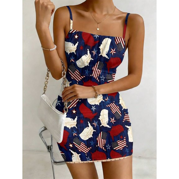 Multicolor Map & Print Spaghetti Strap Bodycon Mini Dress
