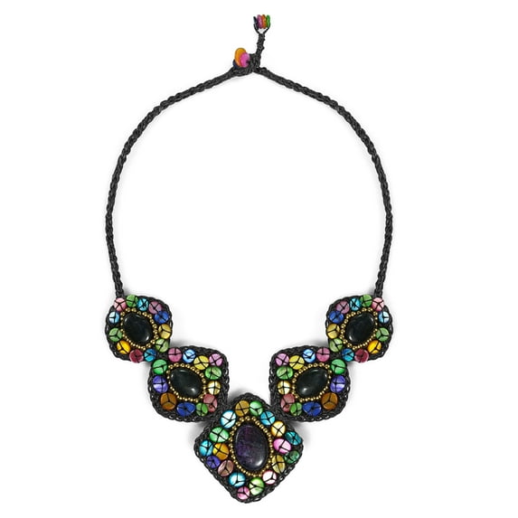 Multicolor Medley MOP Oval Labradorite Cotton Rope Necklace