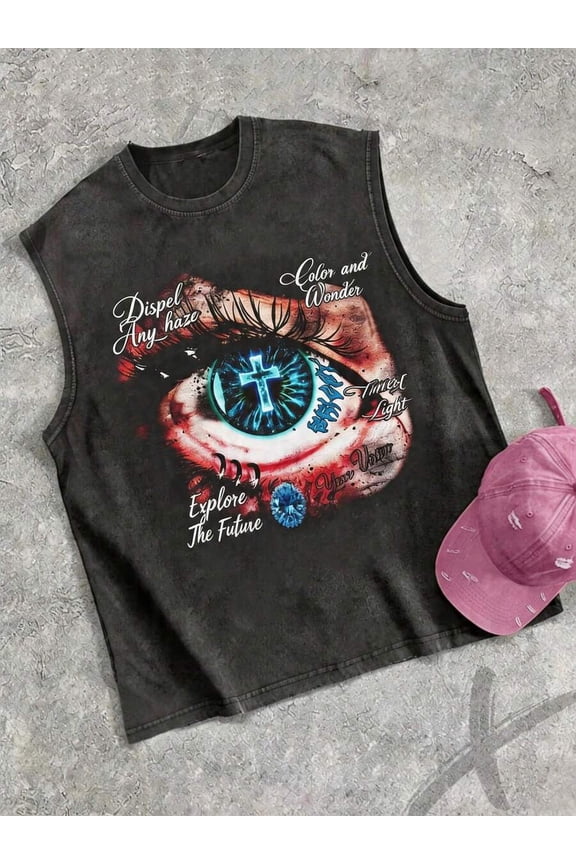 Multicolor Mens Graphic Crew Neck Sleeveless Tank Top With Eye Print