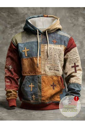 Multicolor Mens Retro Patchwork Hoodie, Artistic Cross Faith Graphic Print