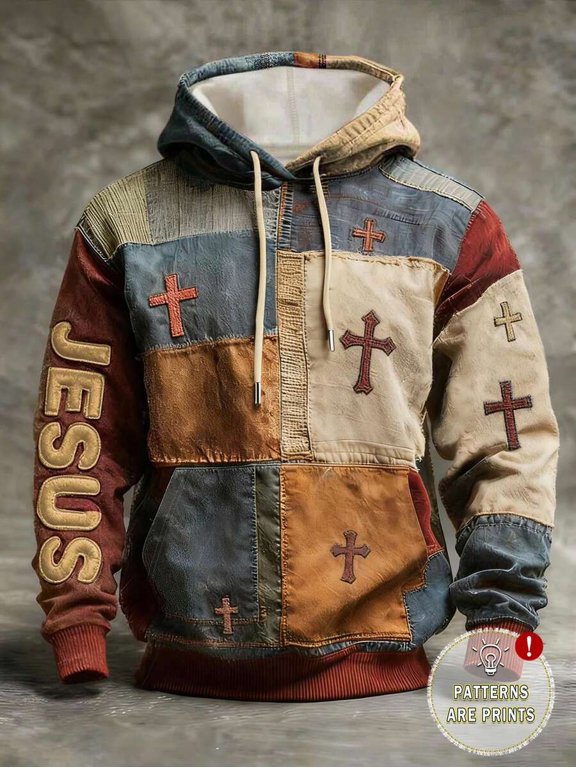 Multicolor Mens Retro Patchwork Hoodie JESUS Cross Faith Graphic Print