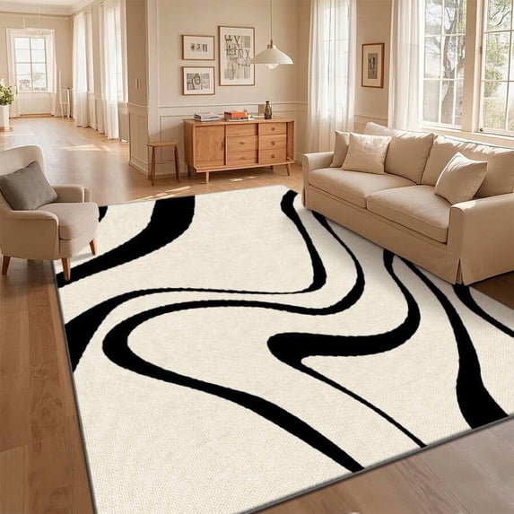 Multicolor Modern Abstract Wavy Swirl Curve Area Rug - Black and White