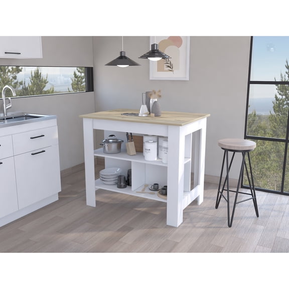 Multicolor Modern Kitchen Island of Engineered Wood Silver Nanoparticles Film Guards Against Bacteria Wide Surface for Meal Assembly Three Shelves for Utensils Fits Kitchen Areas