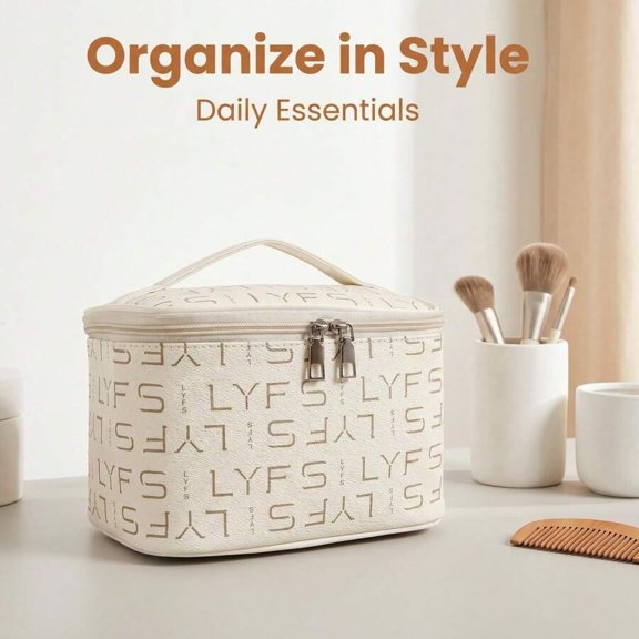 Multicolor Monogram Embossed Makeup Organizer With Top Handle And Dual Zip
