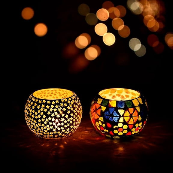 Multicolor Mosaic Glass Decorative Tea Light Candle Holders - Tea Light Holders - T Light Candle Holder for Diwali Decoration Items for Home Decor - Christmas Diwali Gifts Set of 2