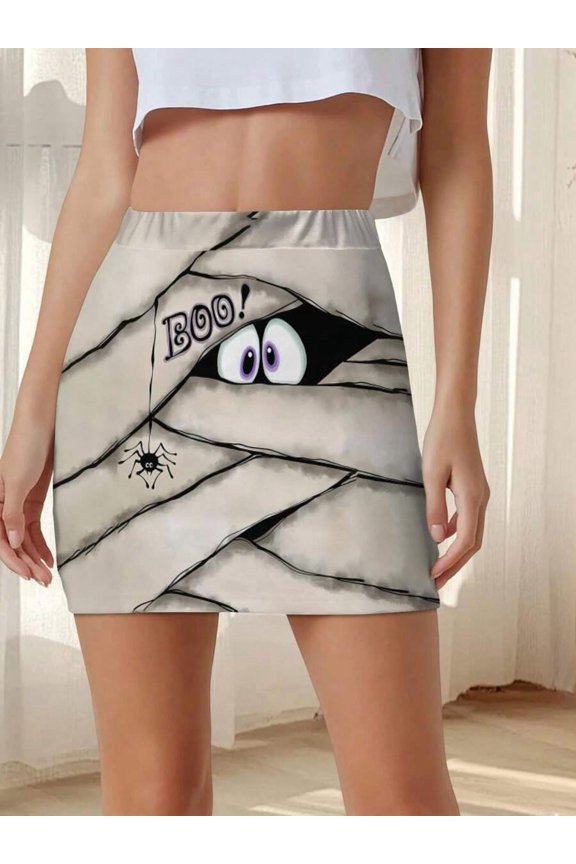 Multicolor Mummy Print Bodycon Mini Skirt With Cartoon Eyes And Spider Graphic