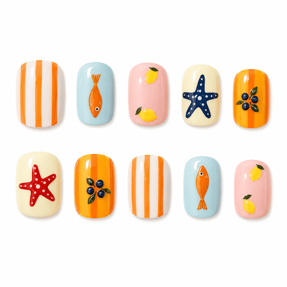 Multicolor Ocean Fruit Press on Nails, Short Square Glossy False Nails with Starfish Fish Lemon Design, 24 Count